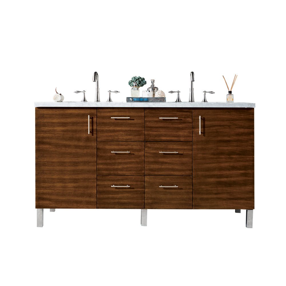 Metropolitan 60" Double Vanity, American Walnut w/ 3 CM Carrara Marble Top
