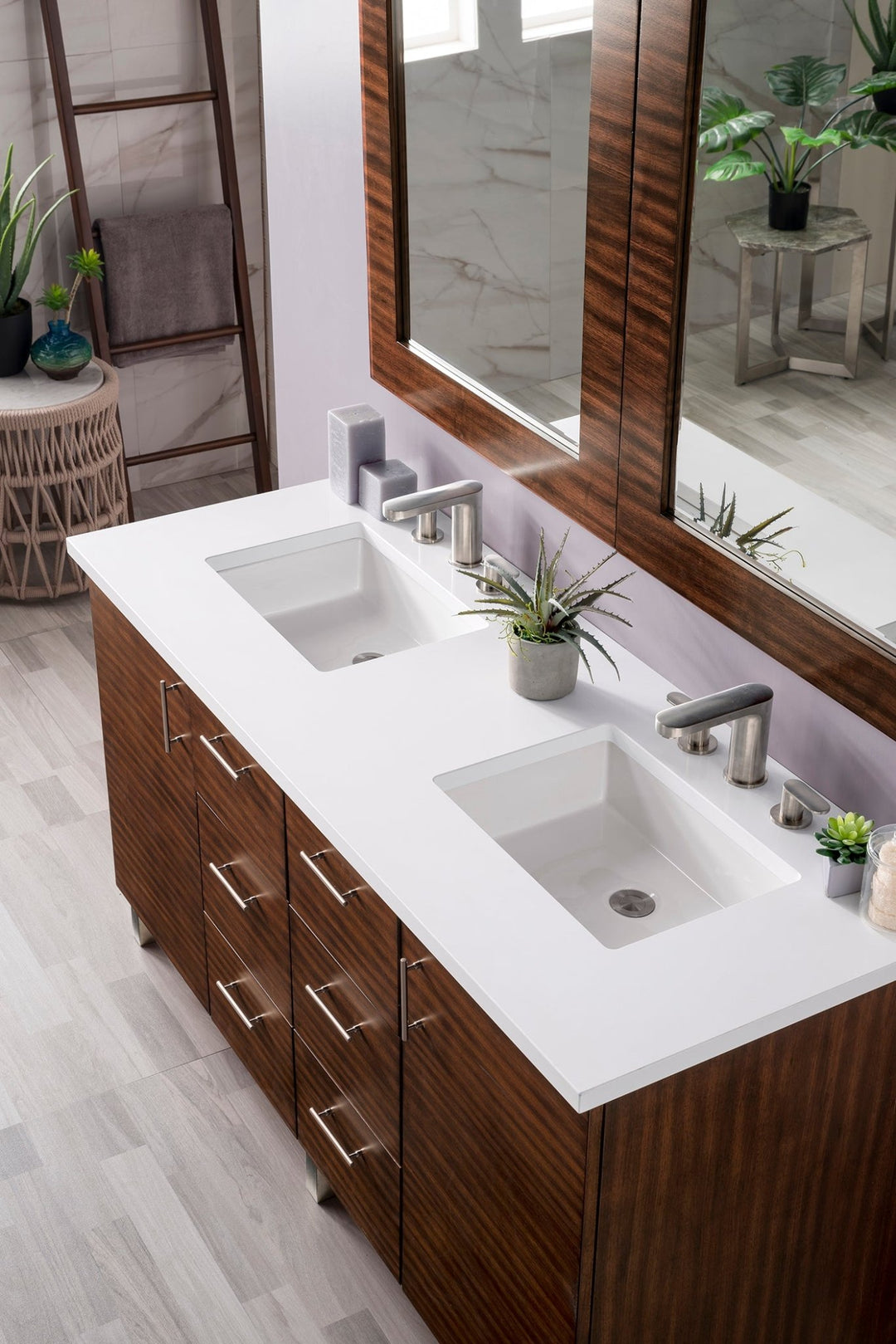 Metropolitan 60" Double Vanity, American Walnut w/ 3 CM White Zeus Silestone Top