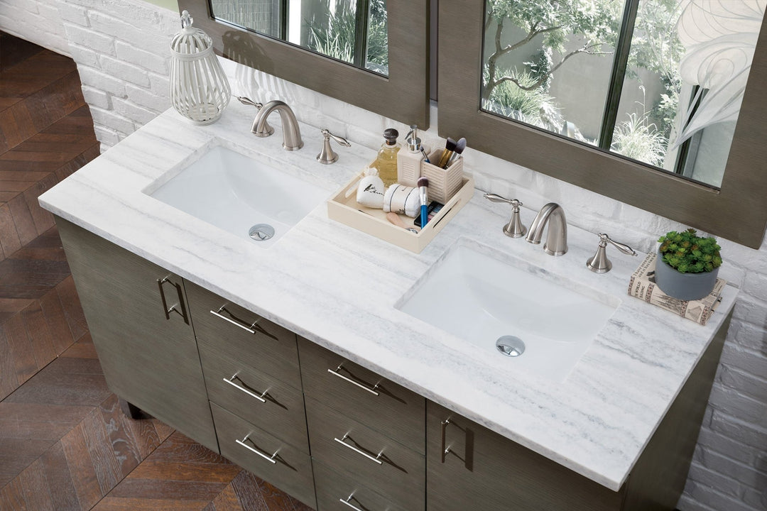 Metropolitan 60" Double Vanity, Silver Oak w/ 3 CM Arctic Fall Solid Surface Top