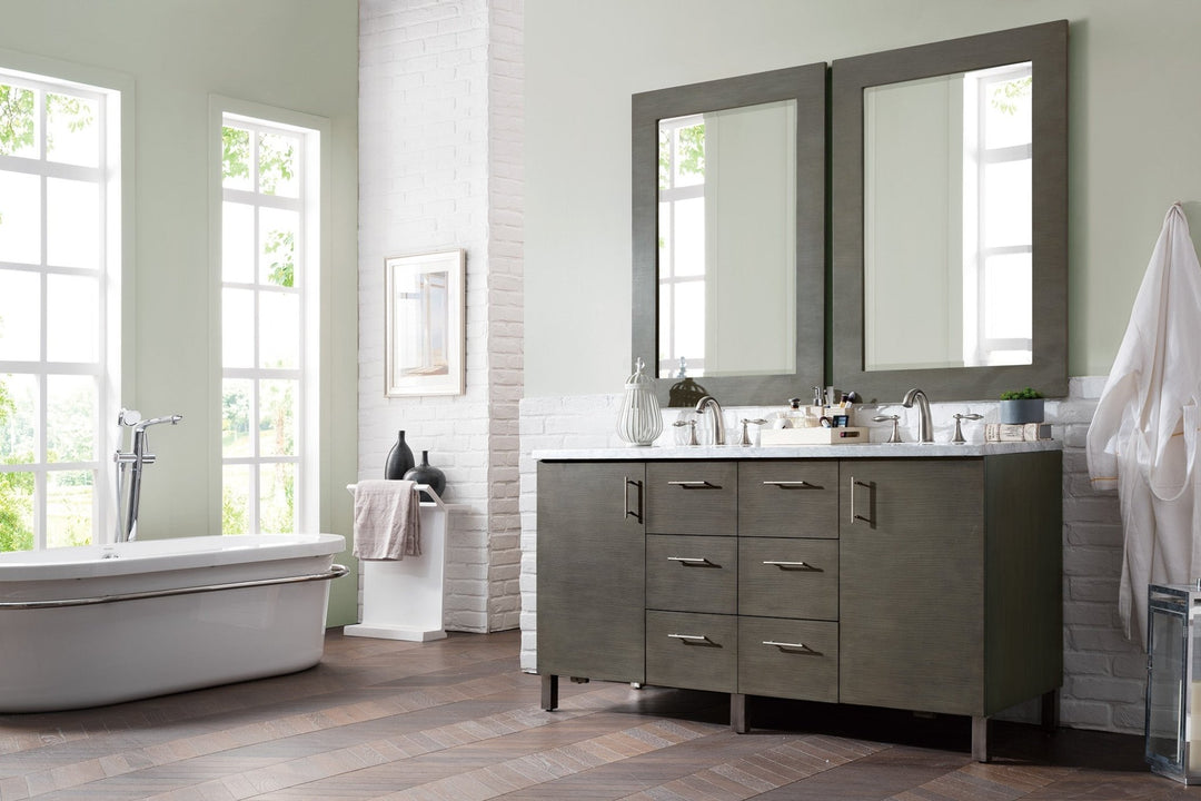 Metropolitan 60" Double Vanity, Silver Oak w/ 3 CM Carrara Marble Top