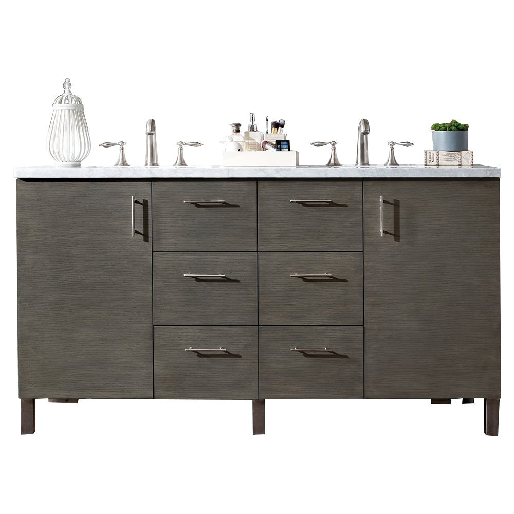 Metropolitan 60" Double Vanity, Silver Oak w/ 3 CM Carrara Marble Top