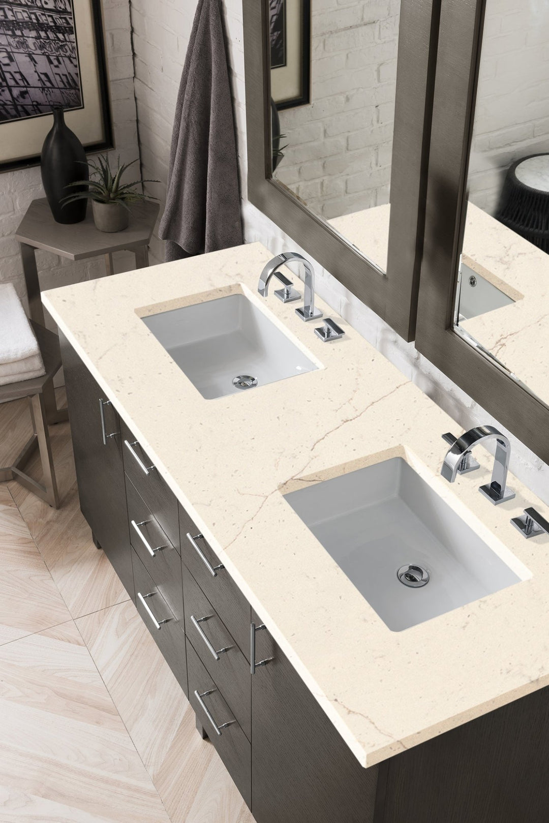 Metropolitan 60" Double Vanity, Silver Oak w/ 3 CM Eternal Marfil Silestone Top
