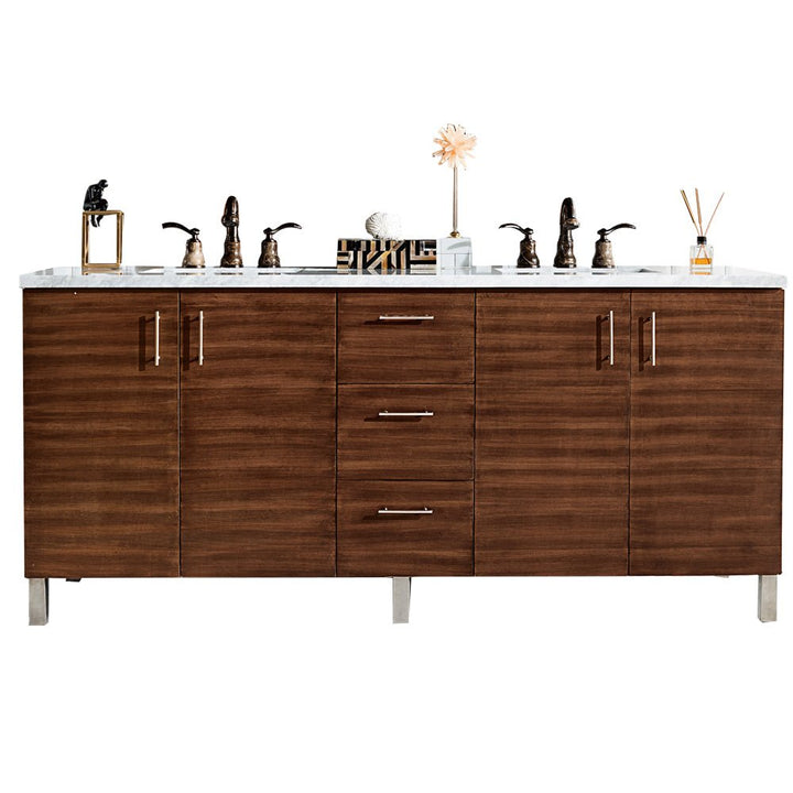 Metropolitan 72" Double Vanity, American Walnut w/ 3 CM Carrara Marble Top
