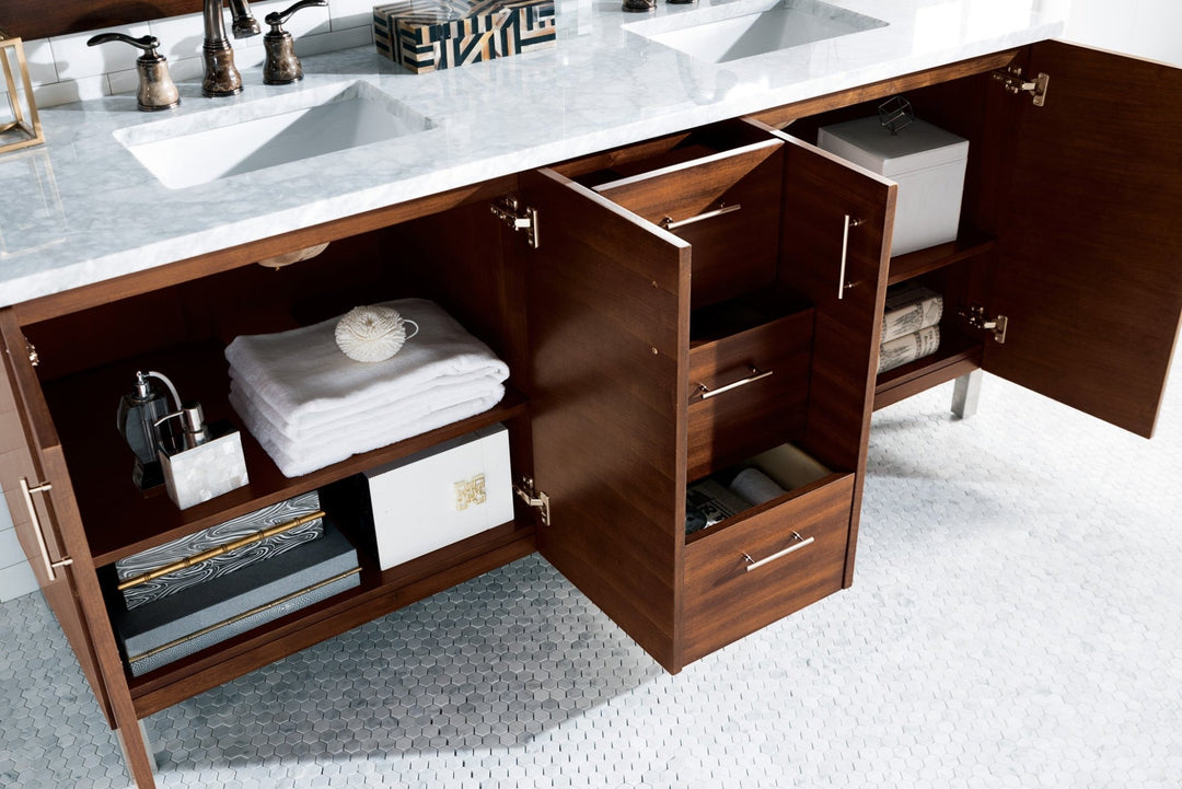 Metropolitan 72" Double Vanity, American Walnut w/ 3 CM Carrara Marble Top