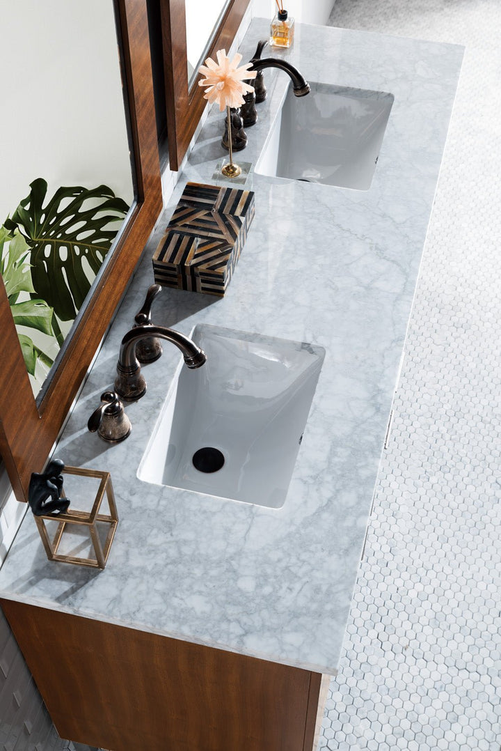Metropolitan 72" Double Vanity, American Walnut w/ 3 CM Carrara Marble Top