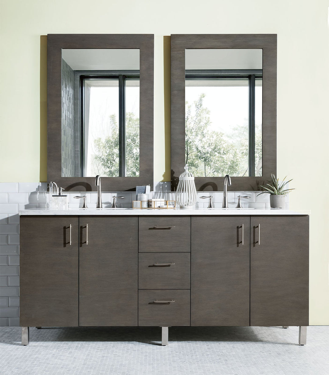 Metropolitan 72" Double Vanity, Silver Oak w/ 3 CM Arctic Fall Solid Surface Top