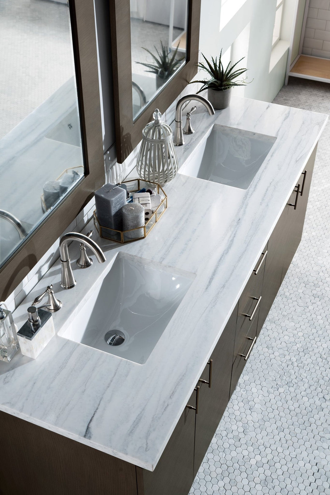 Metropolitan 72" Double Vanity, Silver Oak w/ 3 CM Arctic Fall Solid Surface Top