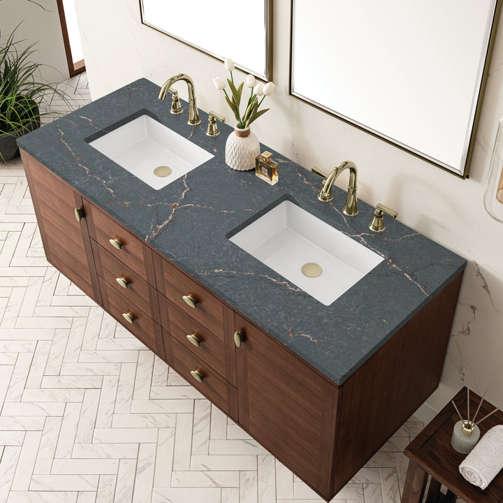 Amberly 60" Double Vanity, Mid-Century Walnut w/ 3 CM Parisien Bleu Top w/FreePower Wireless Charger