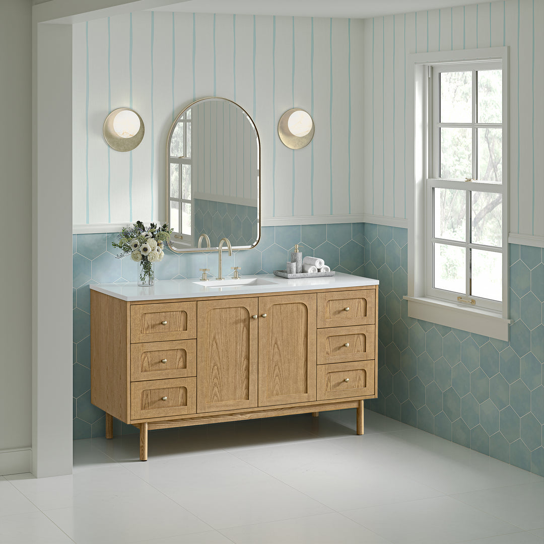 Laurent 60" Single Vanity, Light Natural Oak, w/ 3 CM White Zeus Quartz Top
