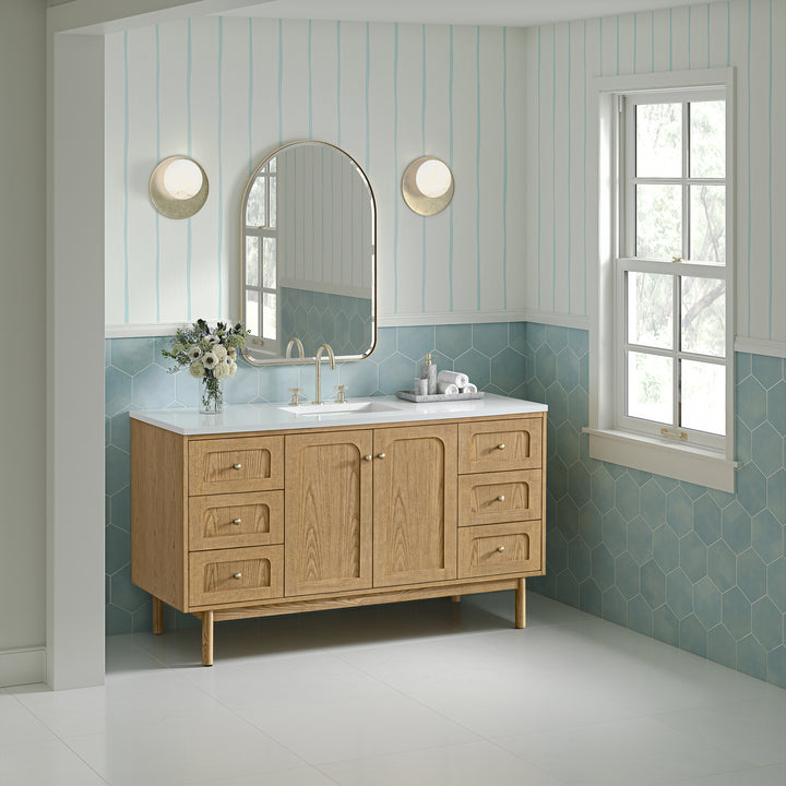 Laurent 60" Single Vanity, Light Natural Oak, w/ 3 CM White Zeus Quartz Top
