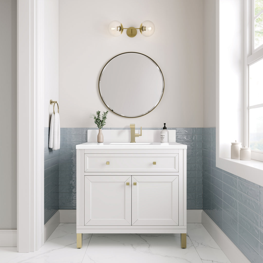 Chicago 36" Single Vanity, Glossy White, w/ Single Hole 3CM White Zeus Silestone® Top & Backsplash