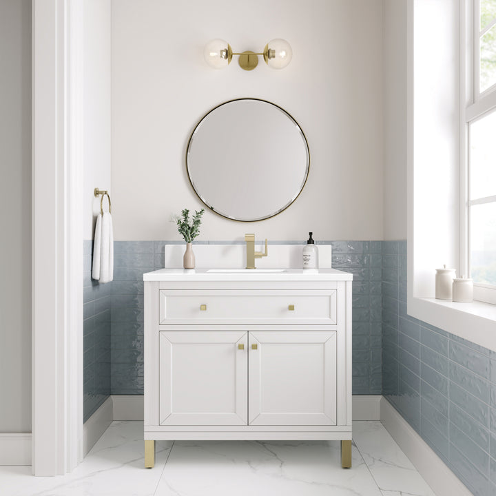 Chicago 36" Single Vanity, Glossy White, w/ Single Hole 3CM White Zeus Silestone® Top & Backsplash