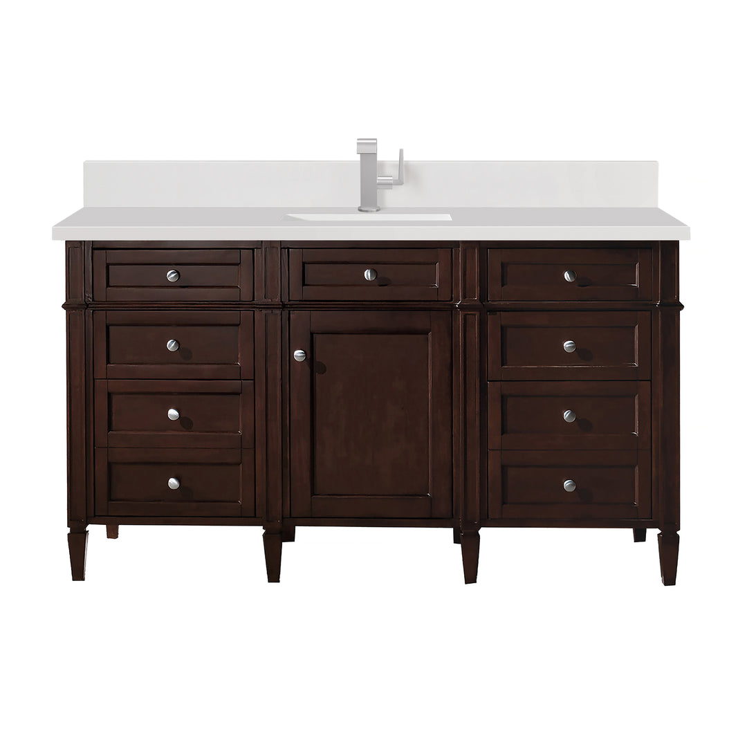 Brittany 60" Single Vanity, Burnished Mahogany w/ Single Hole 3 CM White Zeus Silestone Top & Backsplash