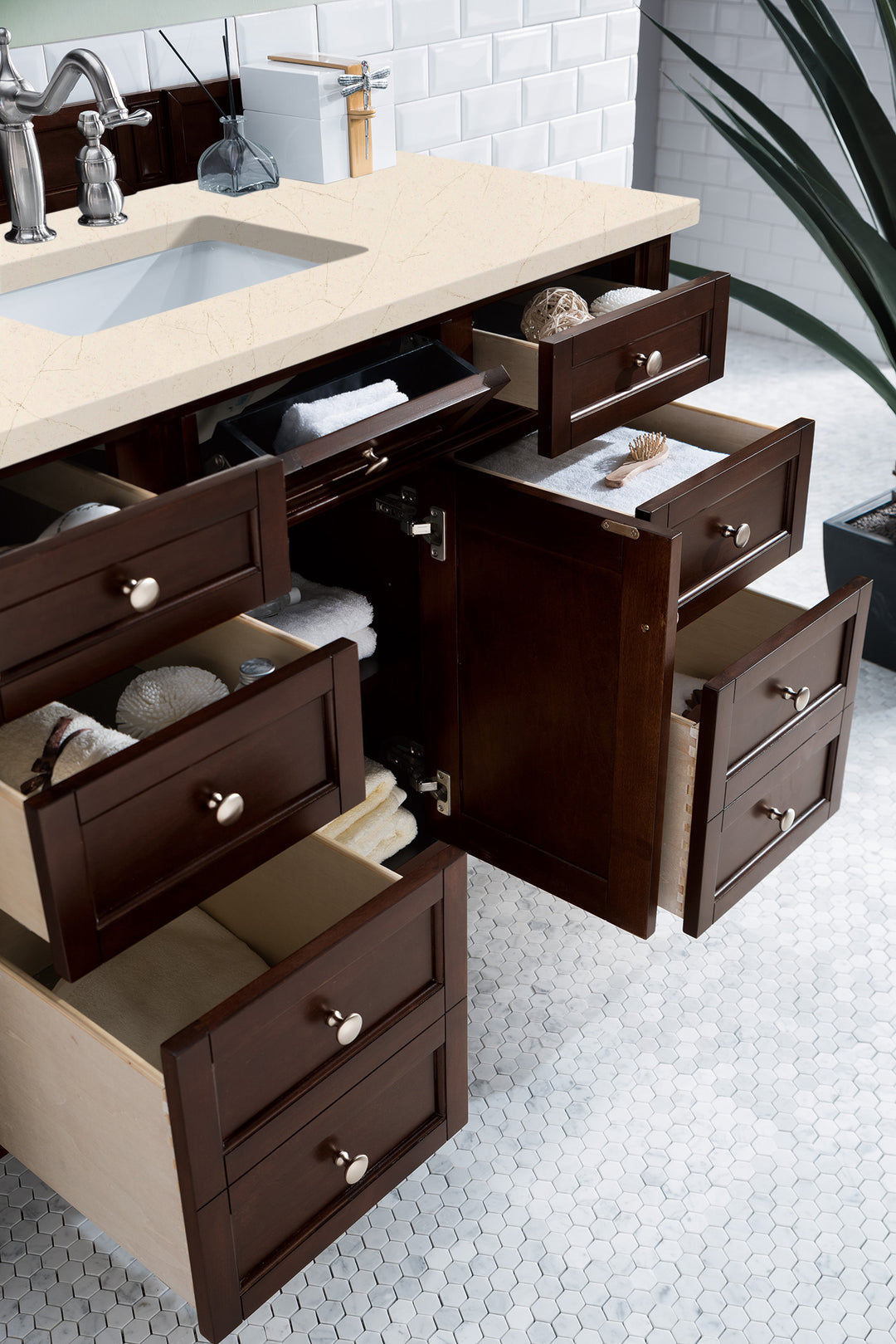 Brittany 48" Single Vanity, Burnished Mahogany w/ 3 CM Eternal Marfil Silestone Top