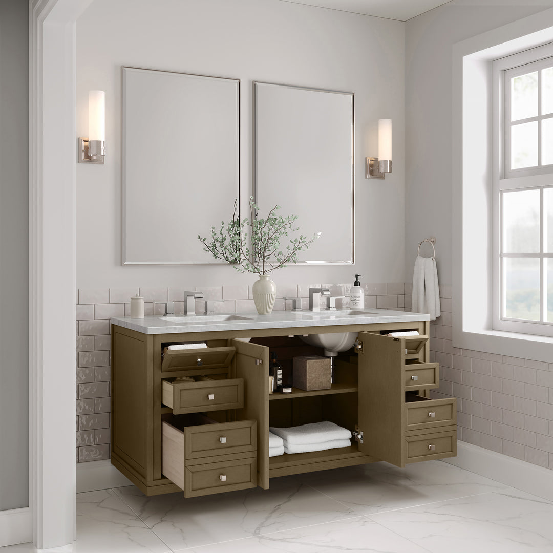 Chicago 60" Double Vanity, Walnut Whisper, w/ 3 CM Arctic Fall Solid Surface Top