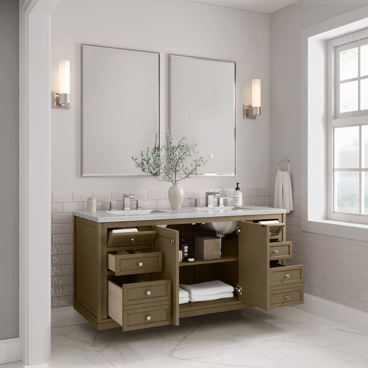 Chicago 60" Double Vanity, Walnut Whisper, w/ 3 CM Arctic Fall Solid Surface Top