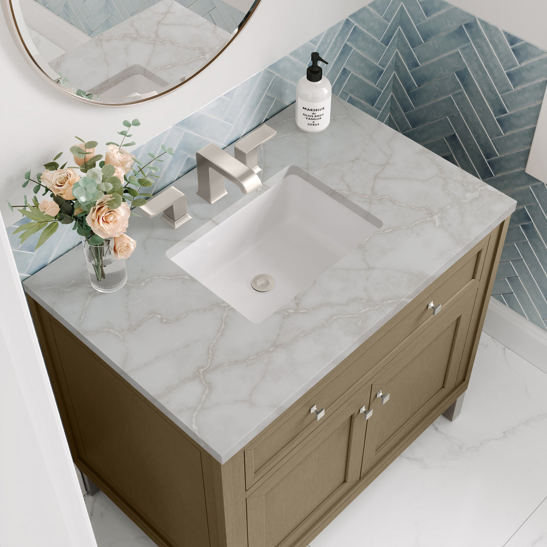 Chicago 36" Single Vanity, Walnut Whisper, w/ 3 CM Victorian Silver Silestone® Top