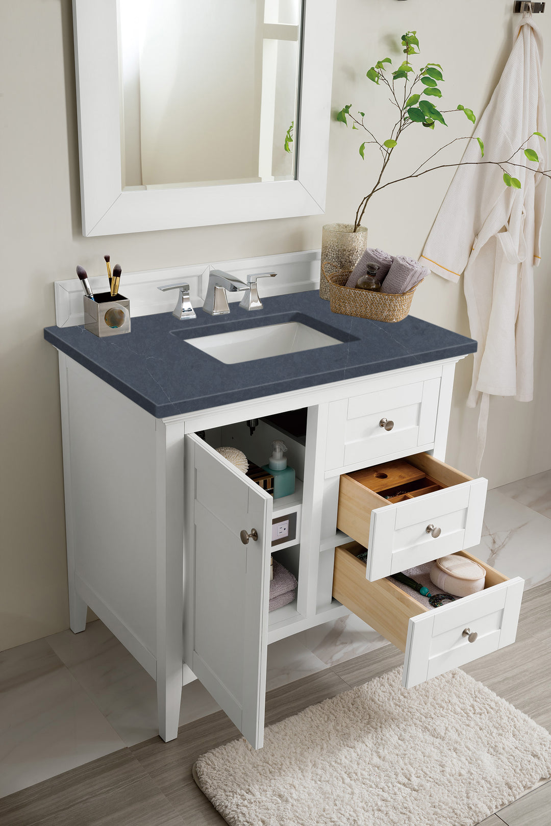 Palisades 36" Single Vanity, Bright White w/ 3 CM Charcoal Soapstone Silestone Top