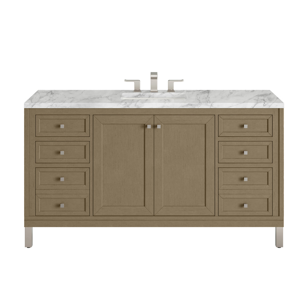 Chicago 60" Single Vanity, Walnut Whisper, w/ 3 CM Carrara Marble Top