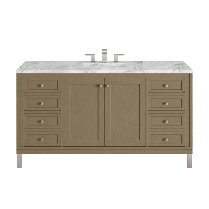 Chicago 60" Single Vanity, Walnut Whisper, w/ 3 CM Carrara Marble Top