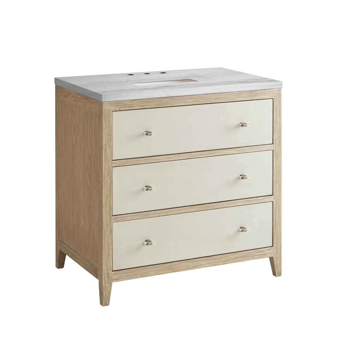 Celeste 36" Single Vanity, Sunwashed Oak with Embossed Shagreen w/ 3 CM Arctic Fall Solid Surface Top