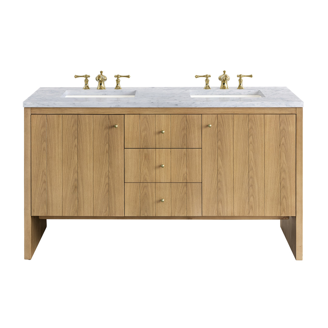 Hudson 60" Double Vanity, Light Natural Oak w/ 3 CM Carrara Marble Top
