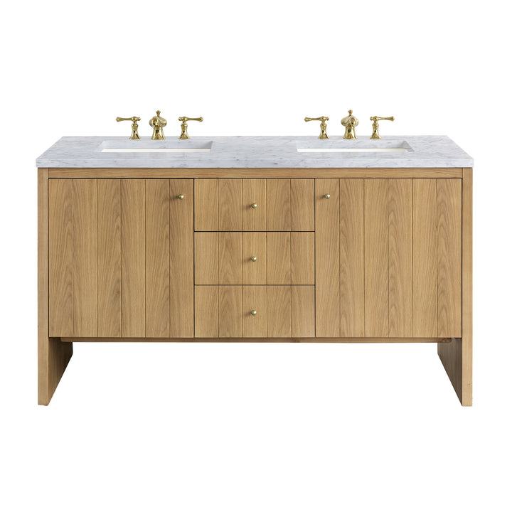 Hudson 60" Double Vanity, Light Natural Oak w/ 3 CM Carrara Marble Top