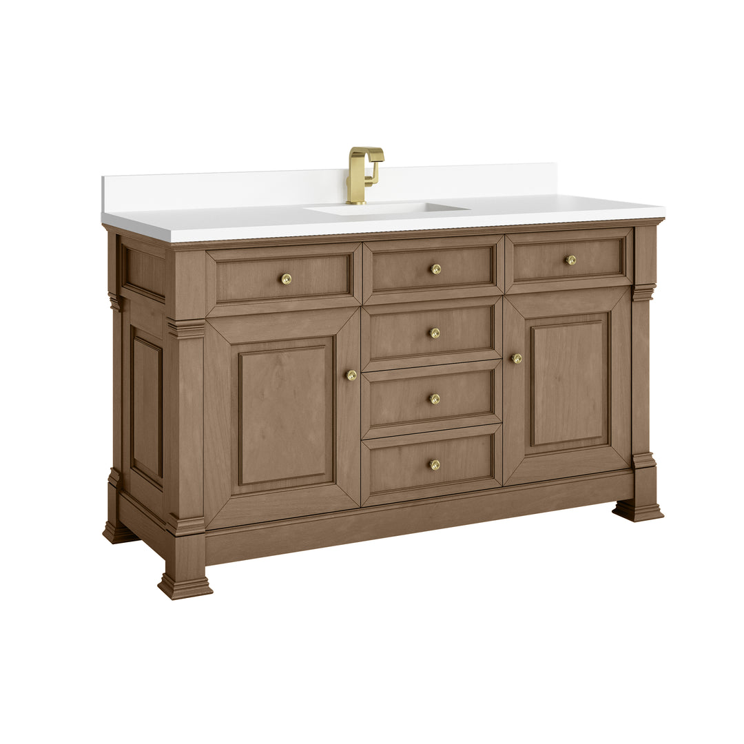 Brookfield 60" Single Vanity, Pecan w/ Single Hole 3CM White Zeus Silestone® Top & Backsplash