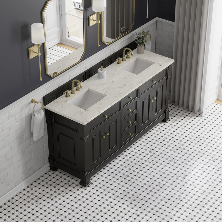 Brookfield 72" Double Vanity, Black Onyx w/ 3 CM Victorian Silver Silestone Top w/ FreePower Wireless Charger