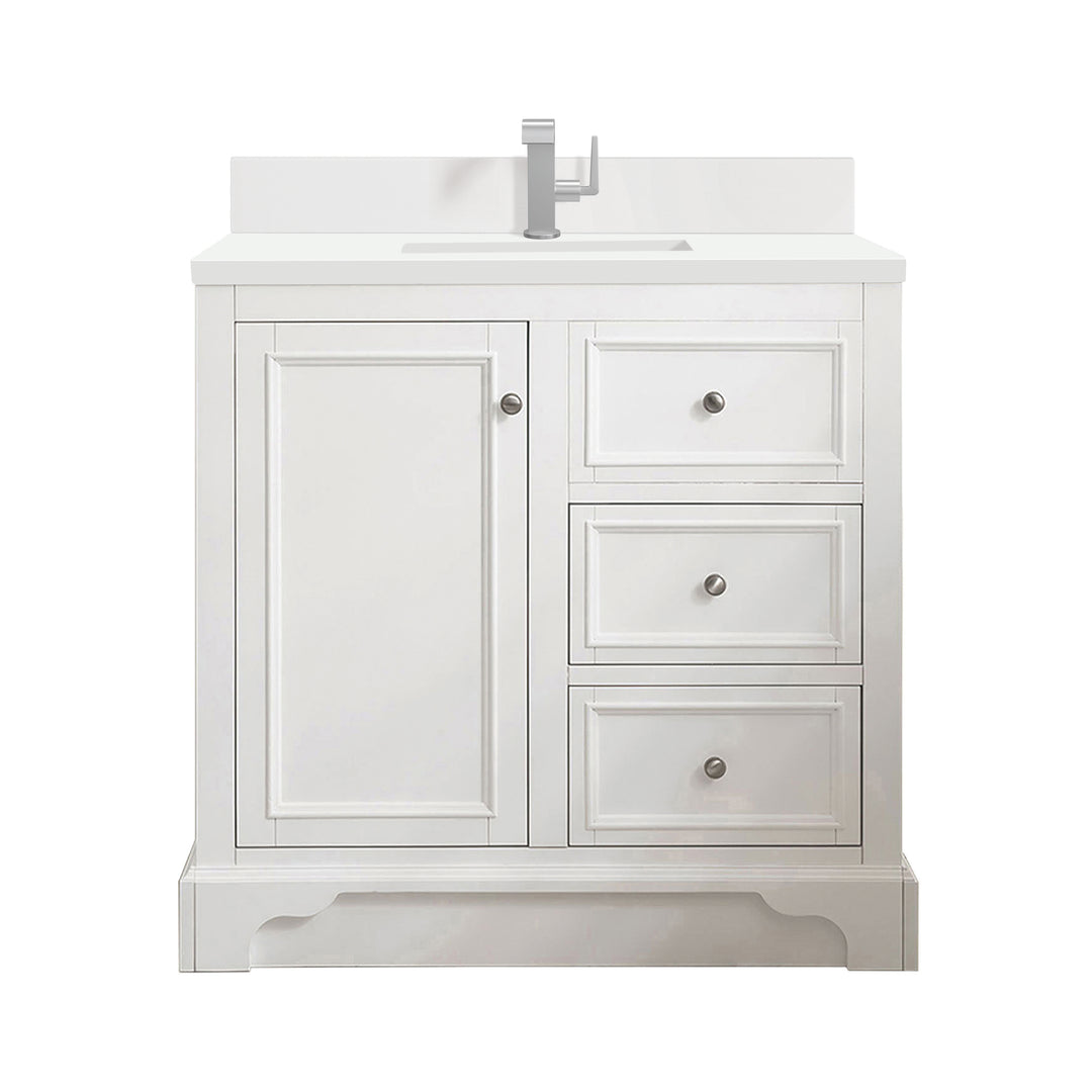 De Soto 36" Single Vanity, Bright White w/ Single Hole 3 CM White Zeus Silestone Top & Backsplash