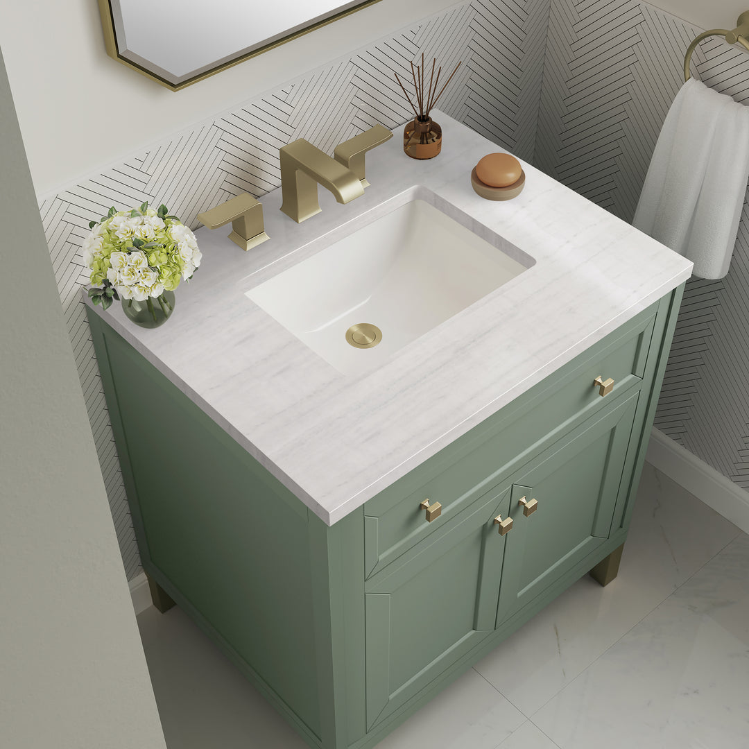 Chicago 30" Single Vanity, Smokey Celadon, w/ 3 CM Arctic Fall Solid Surface Top
