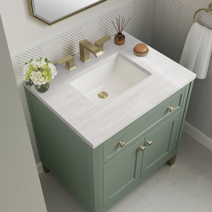 Chicago 30" Single Vanity, Smokey Celadon, w/ 3 CM Arctic Fall Solid Surface Top