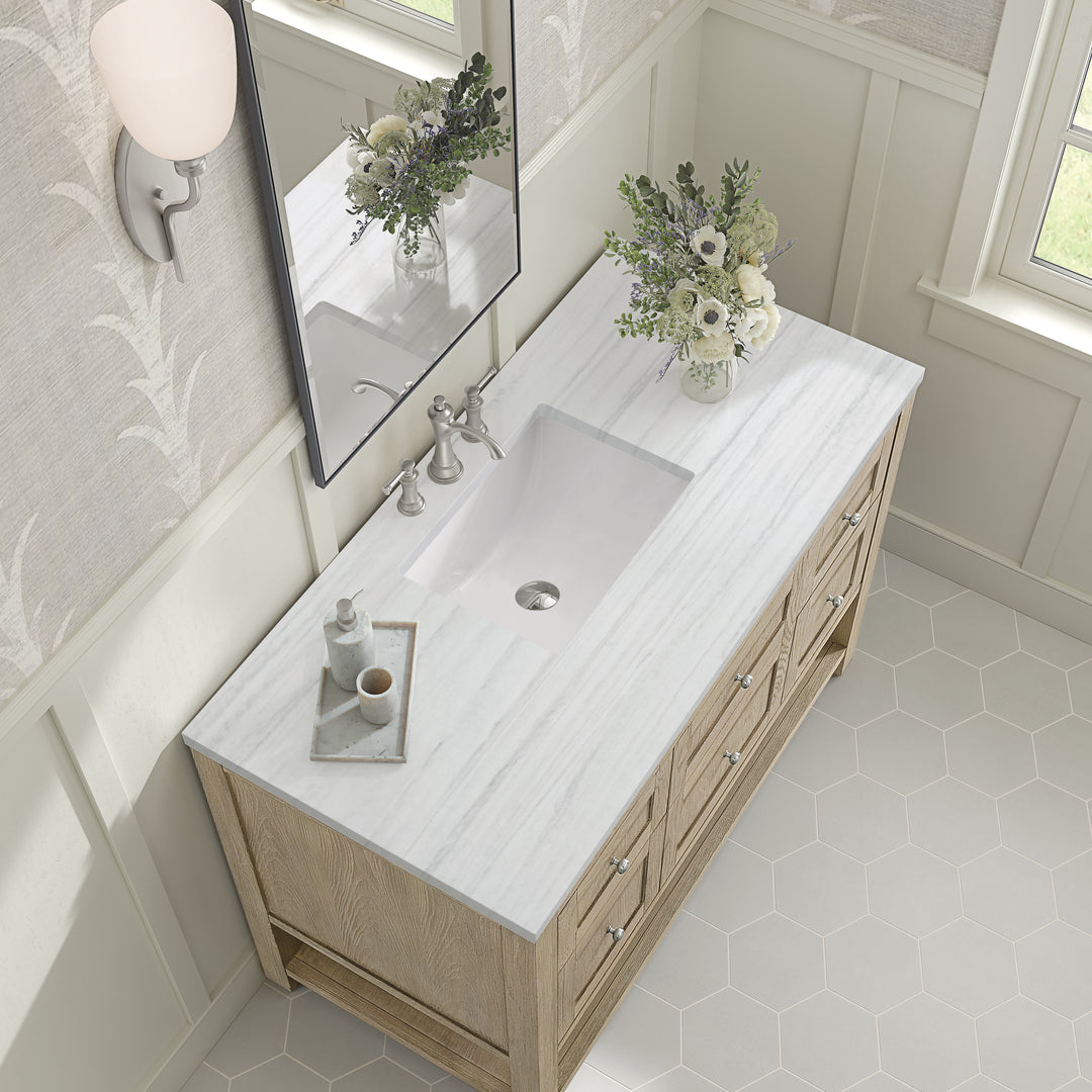 Breckenridge 48" Single Vanity, Whitewashed Oak w/ 3 CM Arctic Fall Solid Surface Top