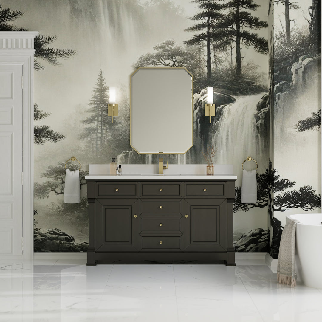 Brookfield 60" Single Vanity, Black Onyx w/ Single Hole 3 CM White Zeus Silestone® Top & Backsplash