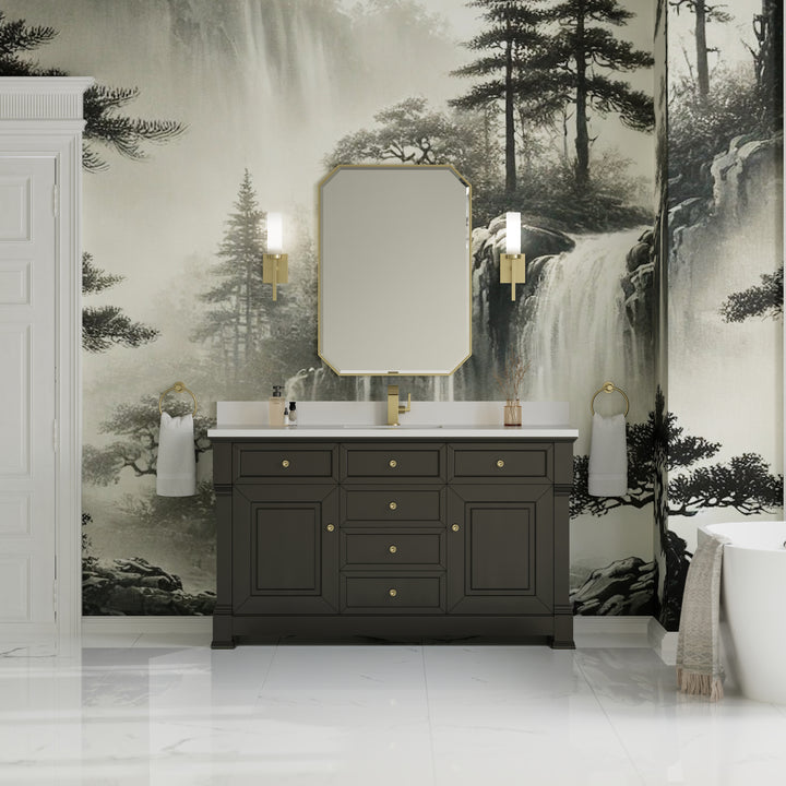 Brookfield 60" Single Vanity, Black Onyx w/ Single Hole 3 CM White Zeus Silestone® Top & Backsplash