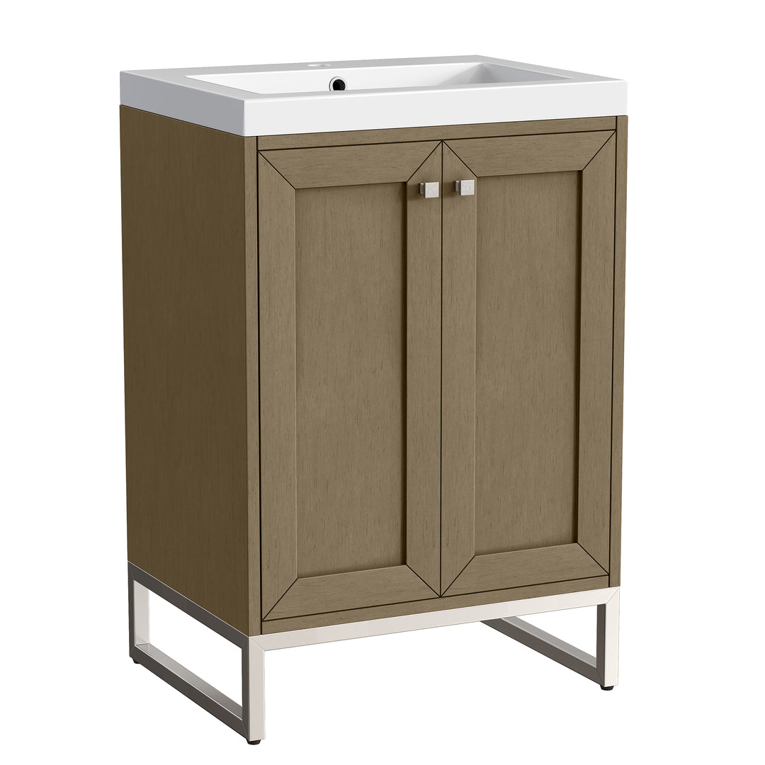 Chianti 24" Single Vanity, Walnut Whisper, Brushed Nickel, w/ White Glossy Composite Stone Top