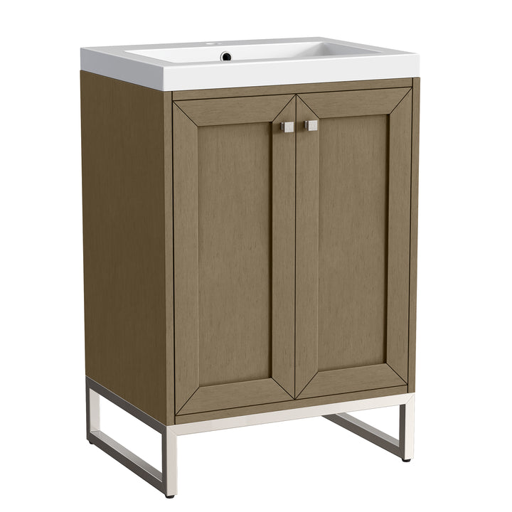 Chianti 24" Single Vanity, Walnut Whisper, Brushed Nickel, w/ White Glossy Composite Stone Top