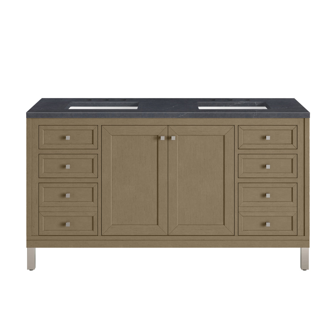 Chicago 60" Double Vanity, Walnut Whisper, w/ 3 CM Charcoal Soapstone Silestone® Top