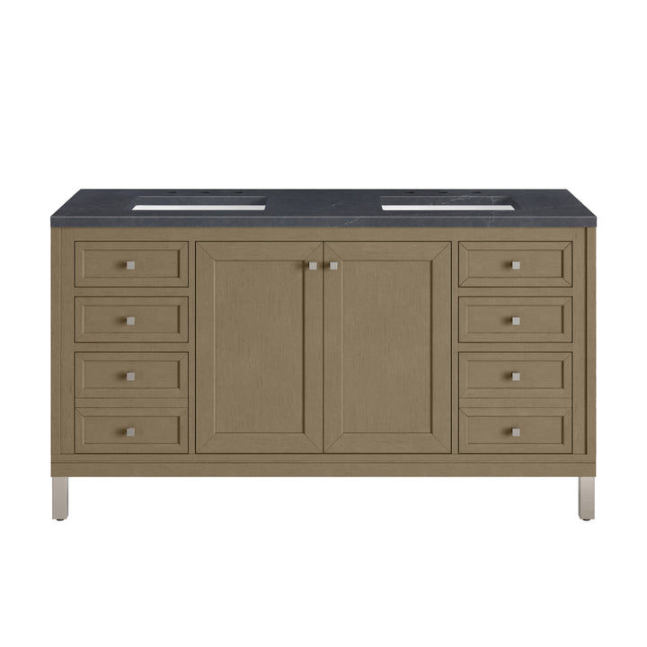 Chicago 60" Double Vanity, Walnut Whisper, w/ 3 CM Charcoal Soapstone Silestone® Top