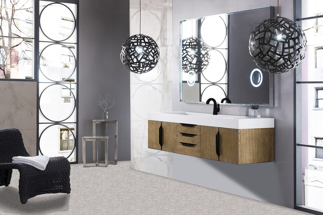 Columbia 72" Single Wall Mount Vanity, Latte Oak, Matte Black w/ Glossy White Composite Stone Top