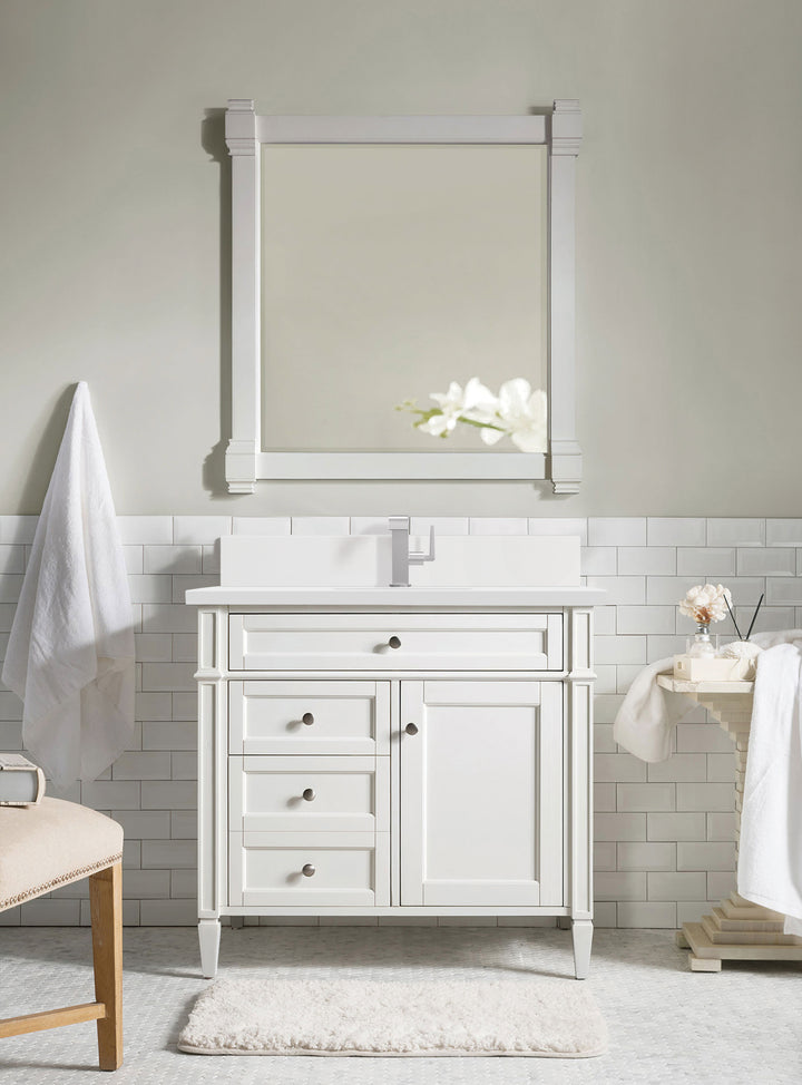 Brittany 36" Single Vanity, Bright White w/ Single Hole 3 CM White Zeus Silestone Top & Backsplash