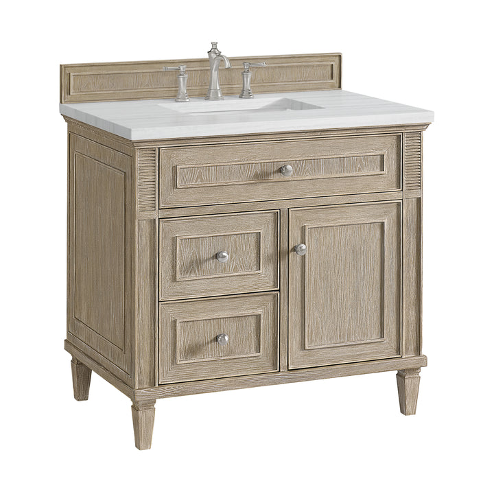 Lorelai 36" Single Vanity, Whitewashed Oak w/ 3 CM Arctic Fall Solid Surface Top