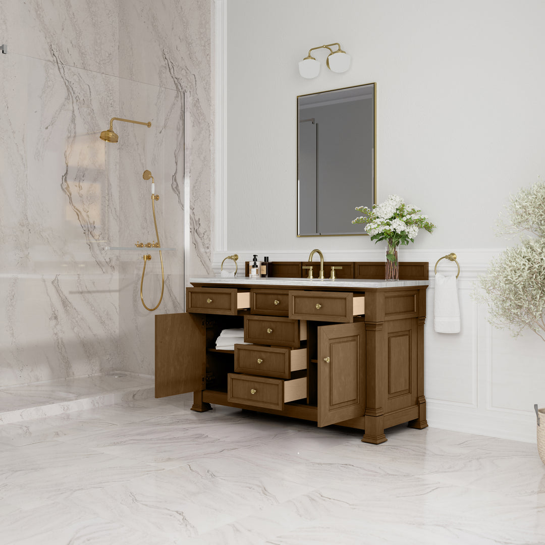 Brookfield 60" Single Vanity, Honey Oak w/ 3 CM Arctic Fall Solid Surface Top