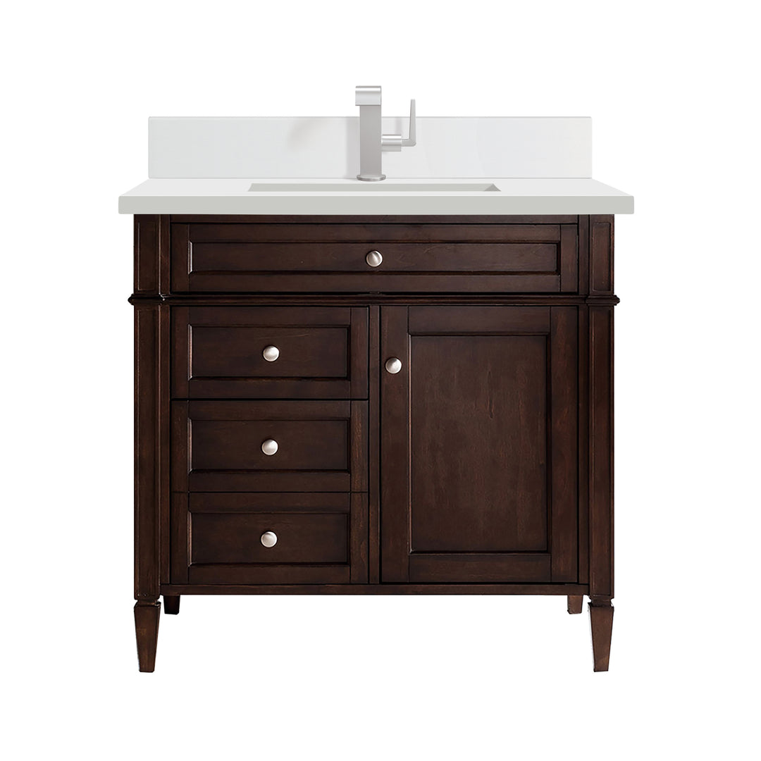 Brittany 36" Single Vanity, Burnished Mahogany w/ Single Hole 3 CM White Zeus Silestone Top & Backsplash