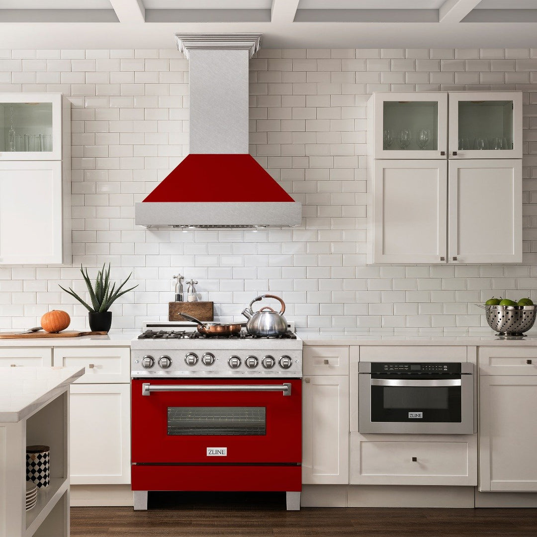 ZLINE 36" Professional Gas Range in DuraSnow® with Red Matte Door & 36" Range Hood Appliance Package, 2KP-RGSRMRH36