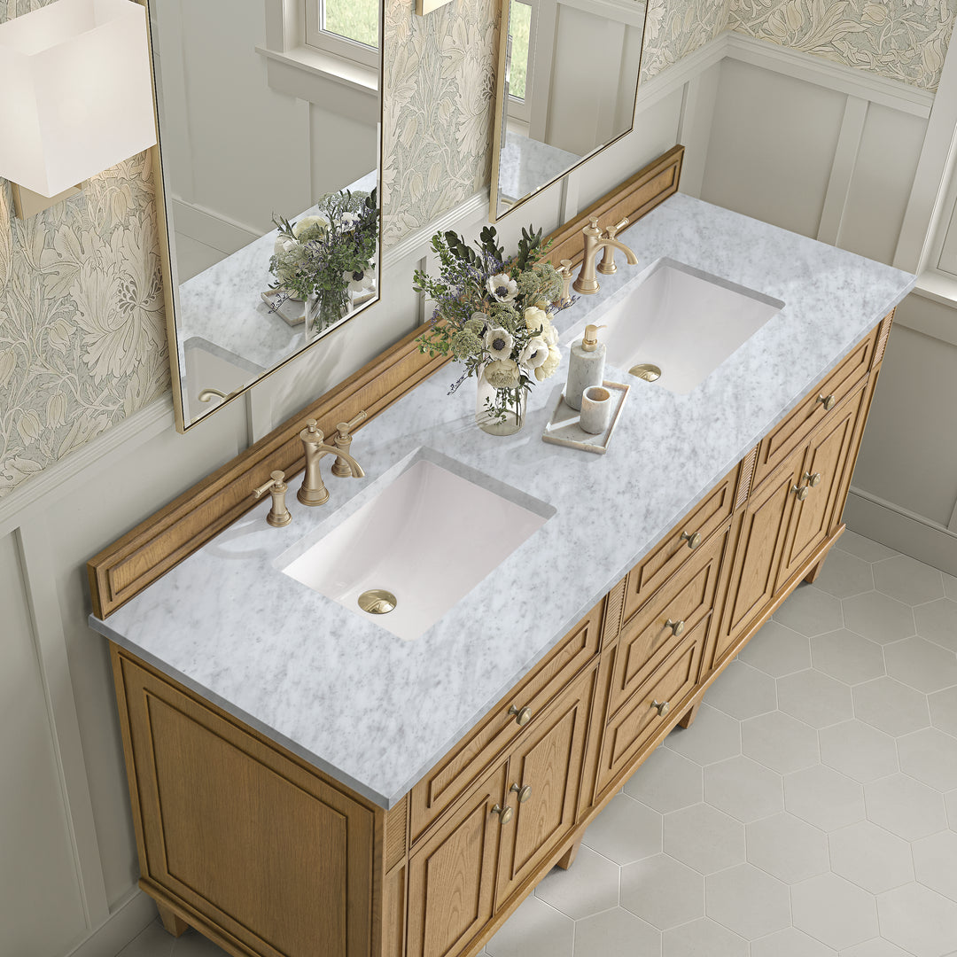 Lorelai 72" Double Vanity, Light Natural Oak w/ 3 CM Carrara White Marble Top