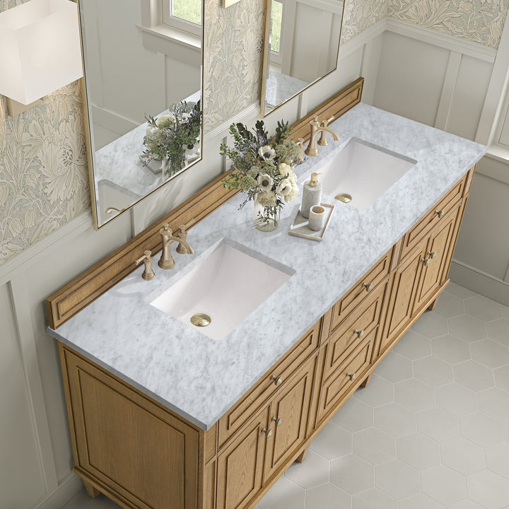 Lorelai 72" Double Vanity, Light Natural Oak w/ 3 CM Carrara White Marble Top