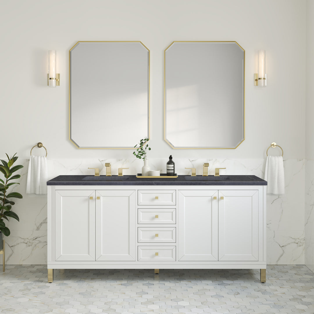 Chicago 72" Double Vanity, Glossy White, w/ 3 CM Charcoal Soapstone Silestone® Top
