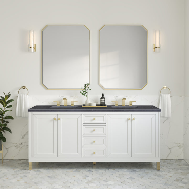 Chicago 72" Double Vanity, Glossy White, w/ 3 CM Charcoal Soapstone Silestone® Top