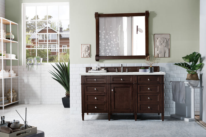 Brittany 60" Single Vanity, Burnished Mahogany w/ 3 CM Ethereal Noctis Silestone Top w/FreePower Wireless Charger